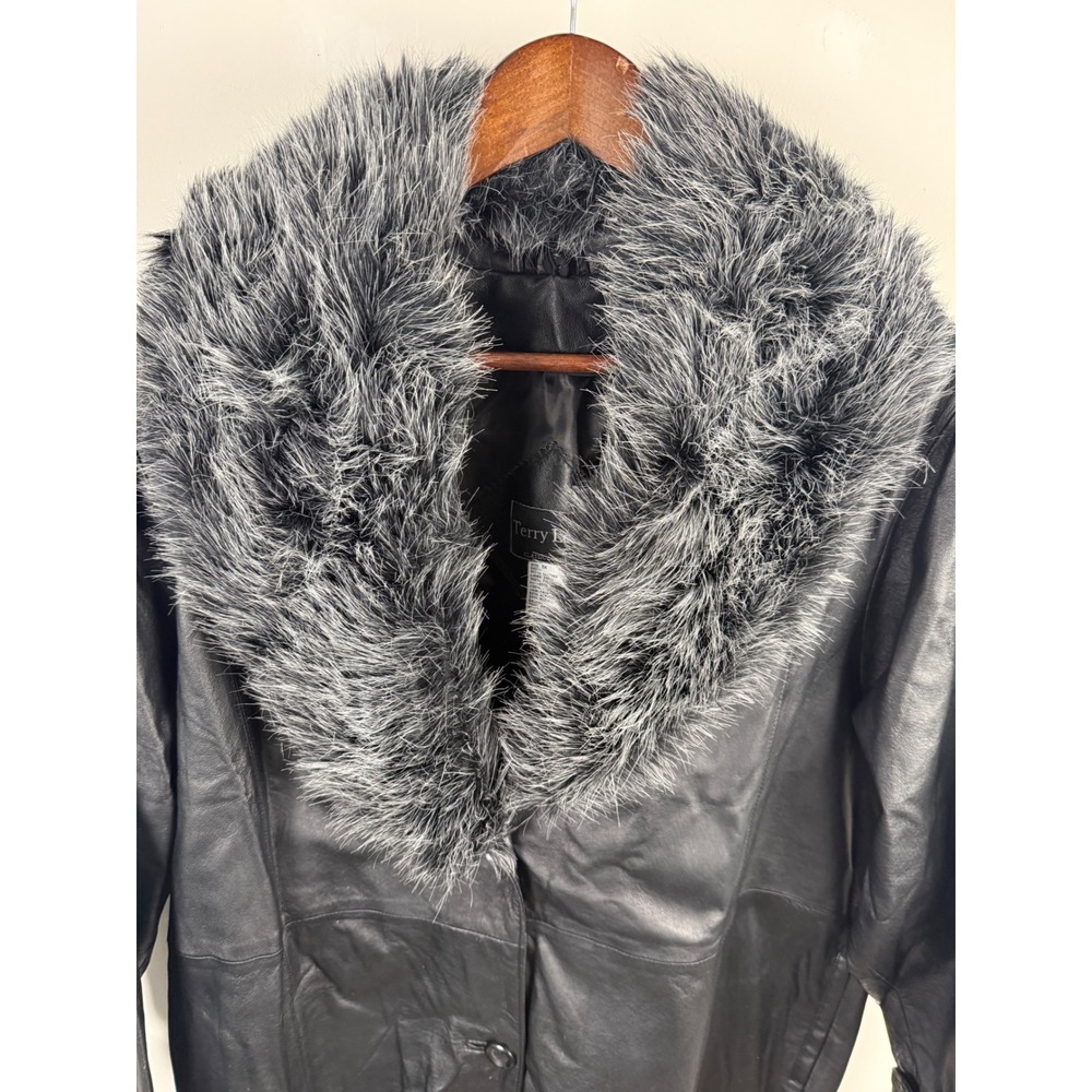 Terry Lewis Plus Size 1X Black Leather Coat Faux Fur Shawl Collar Full Length